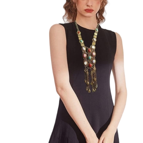 Gold Turquoise Boho Statement Ethnic Tribal Long Necklace Bohemian Stone Gem - Picture 6 of 9